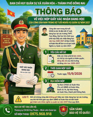 Thông báo nộp Giấy xác nhận đang học tại các trường của công dân nam trong độ tuổi nghĩa vụ quân sự năm 2027