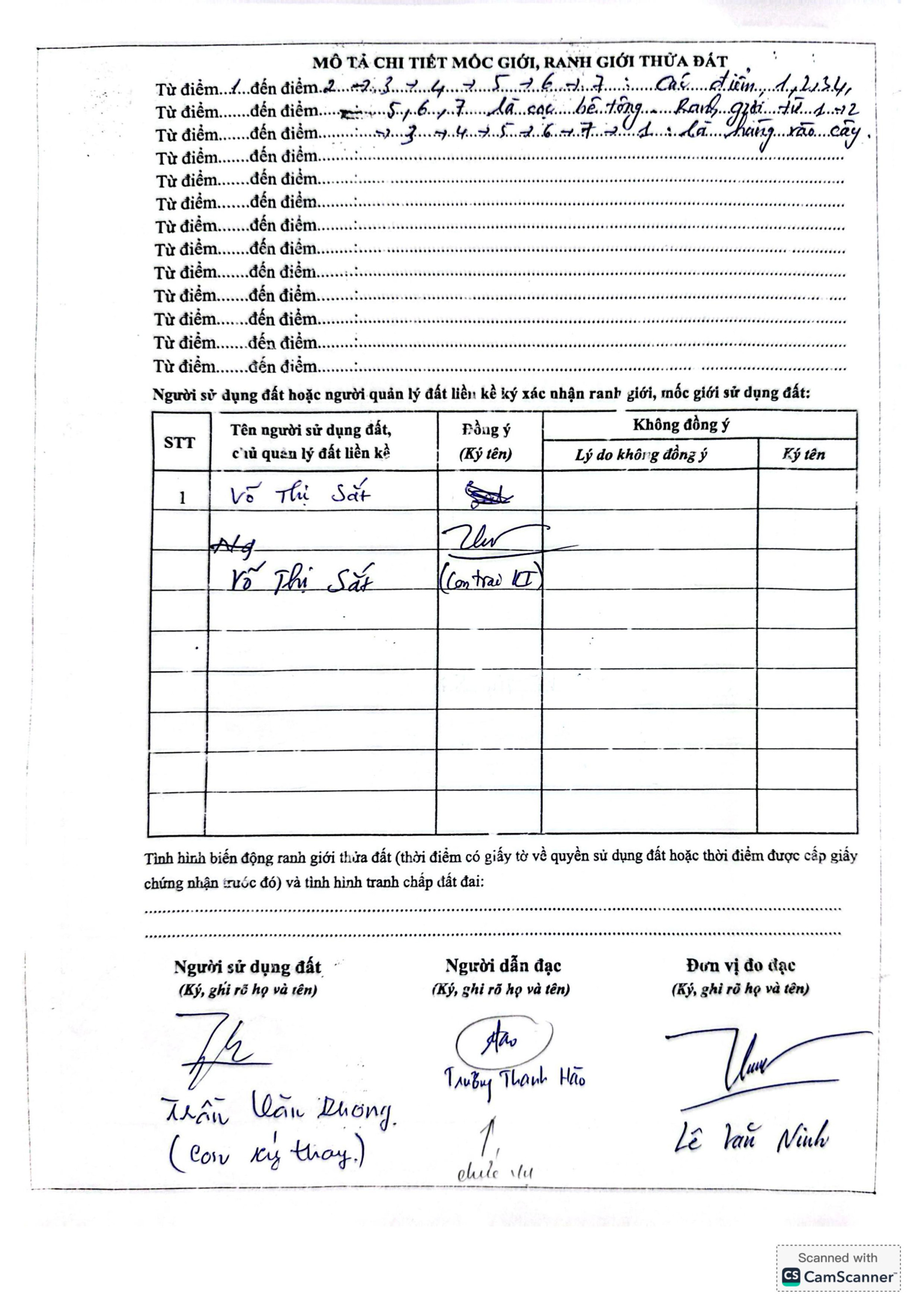 Bản mô tả ranh giới, mốc giới thửa đất số 46 1 0002