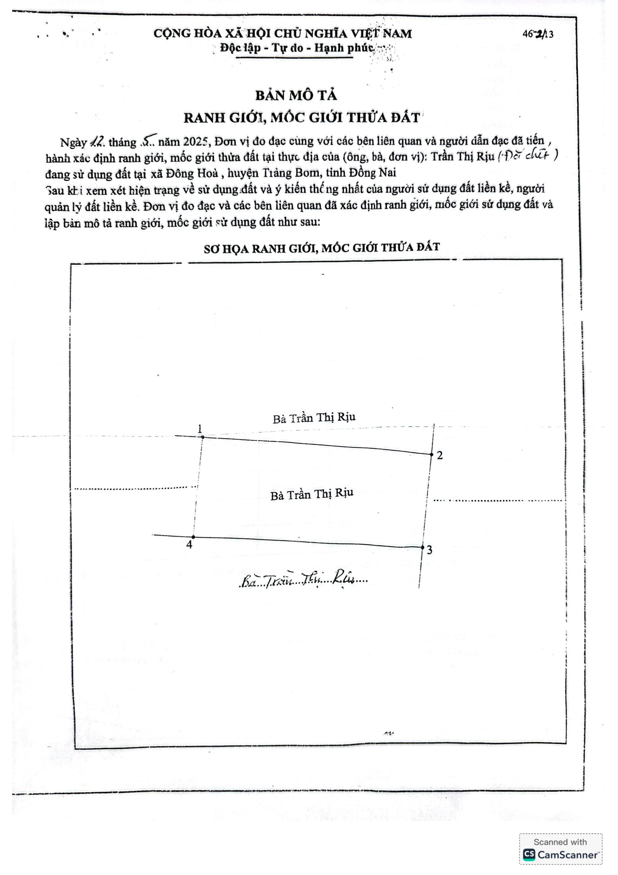 Bản mô tả ranh giới, mốc giới thửa đất số 46 2 0001