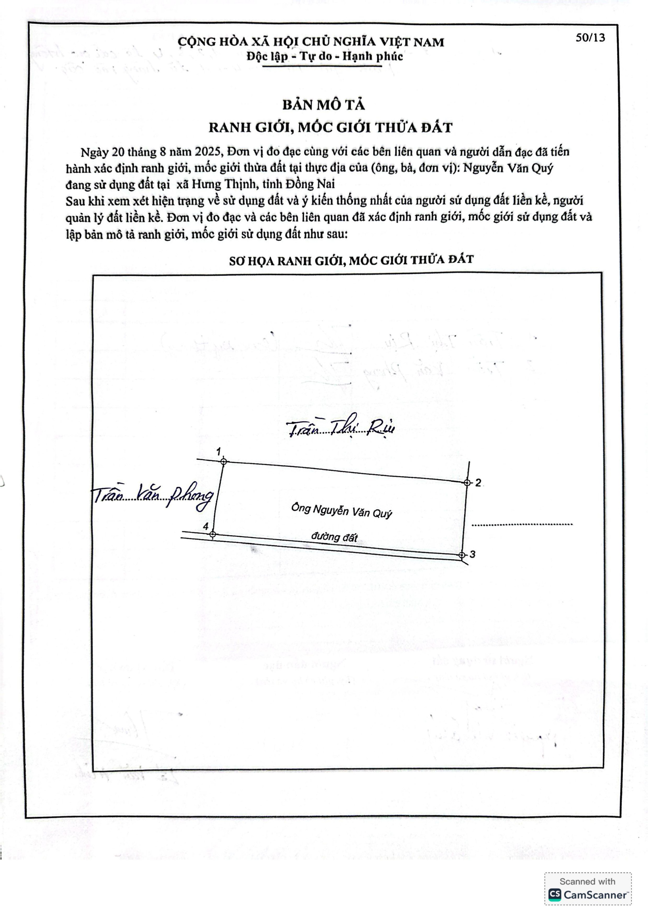 Bản mô tả ranh giới, mốc giới thửa đất số 50 0001