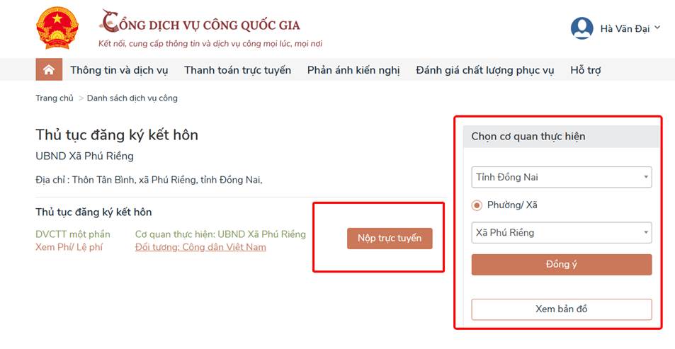 Chọn đơn vị hành chính và nộp trực tuyến