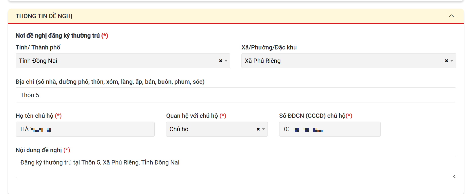Nhập thông tin chi tiết địa chỉ đề nghị đăng ký thường trú mới