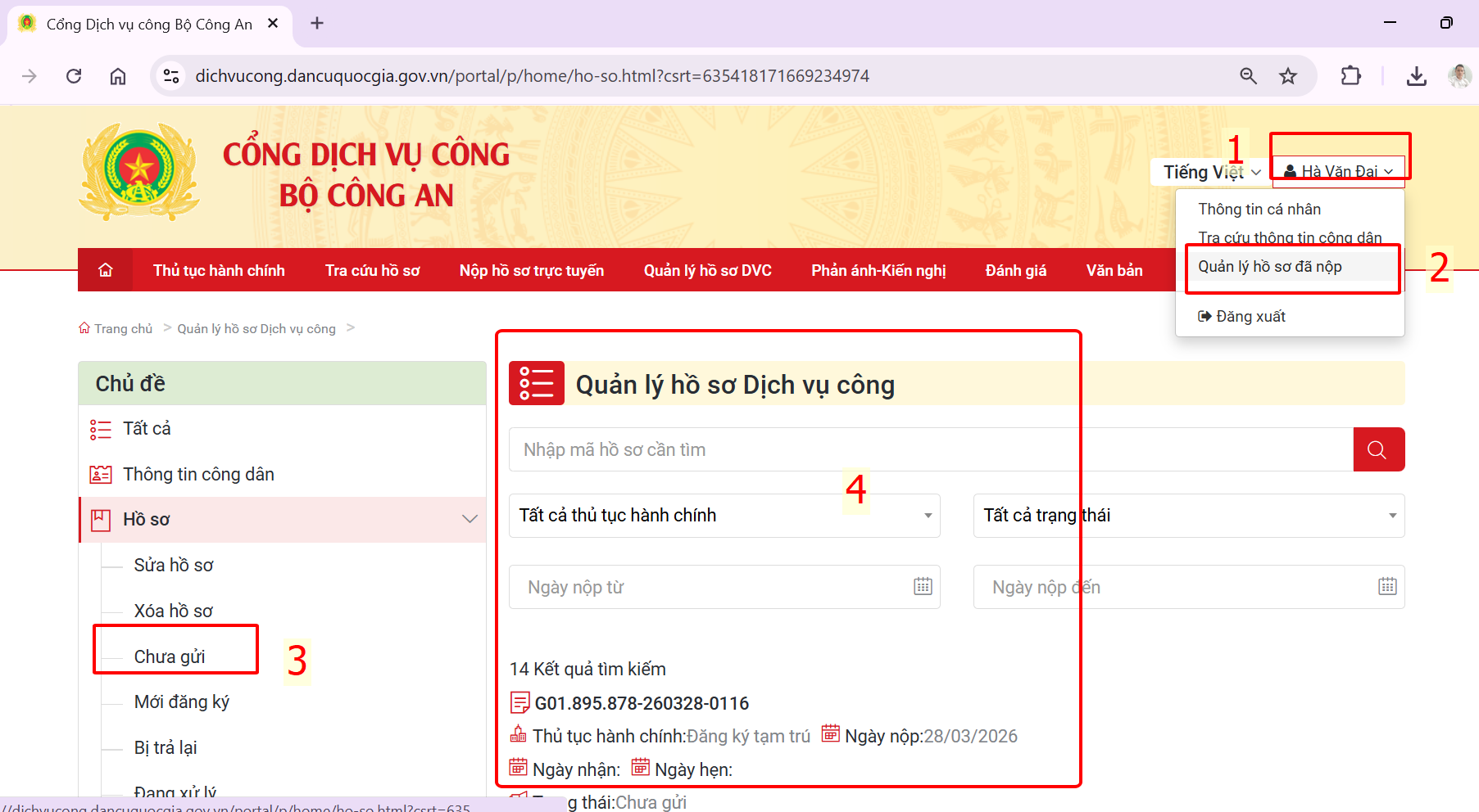 Quản lý hồ sơ và gửi hồ sơ đăng ký thường trú thành công