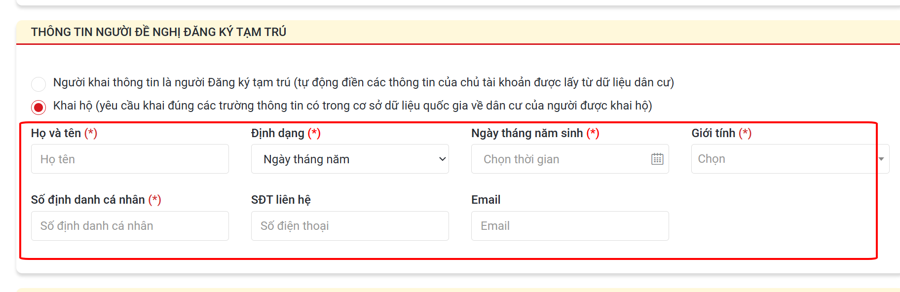 Nhập thông tin người đề nghị đăng ký tạm trú qua VNeID