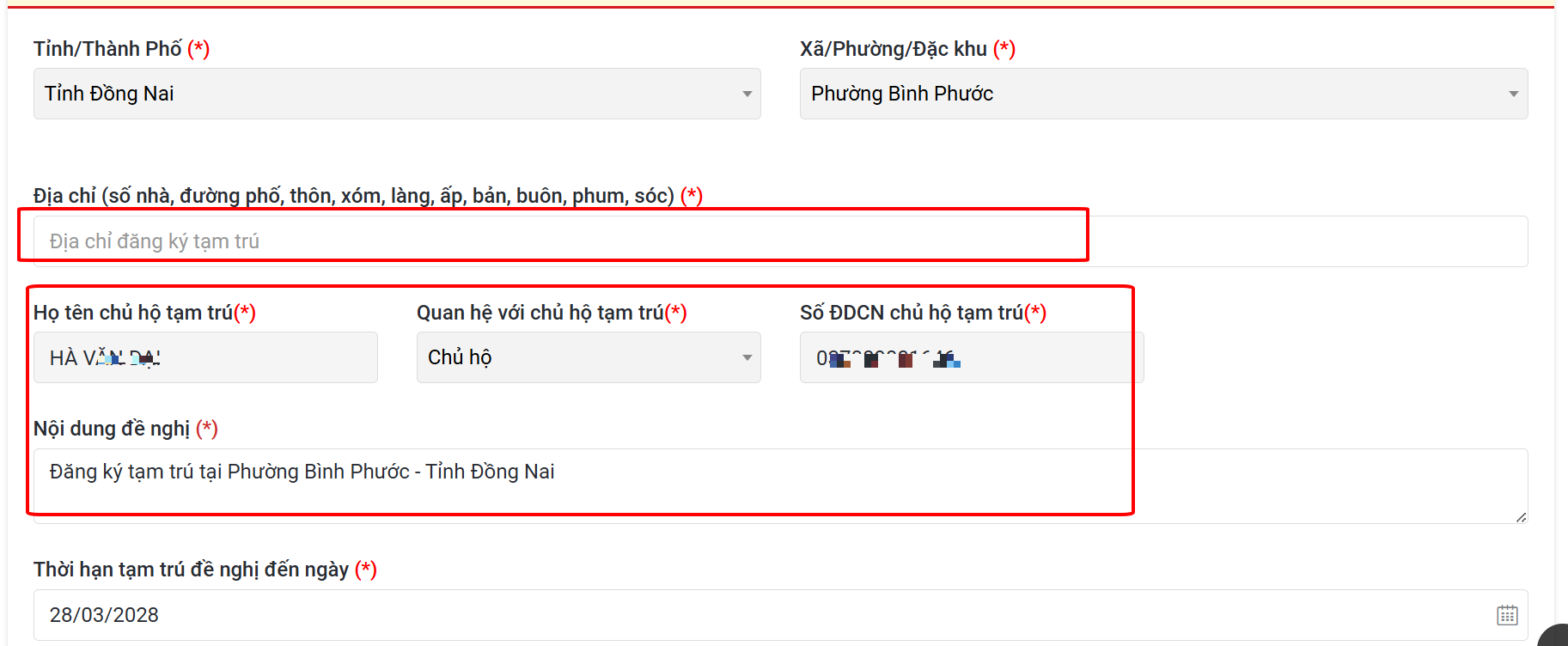 Điền thông tin chi tiết địa chỉ nơi đăng ký tạm trú mới nhất