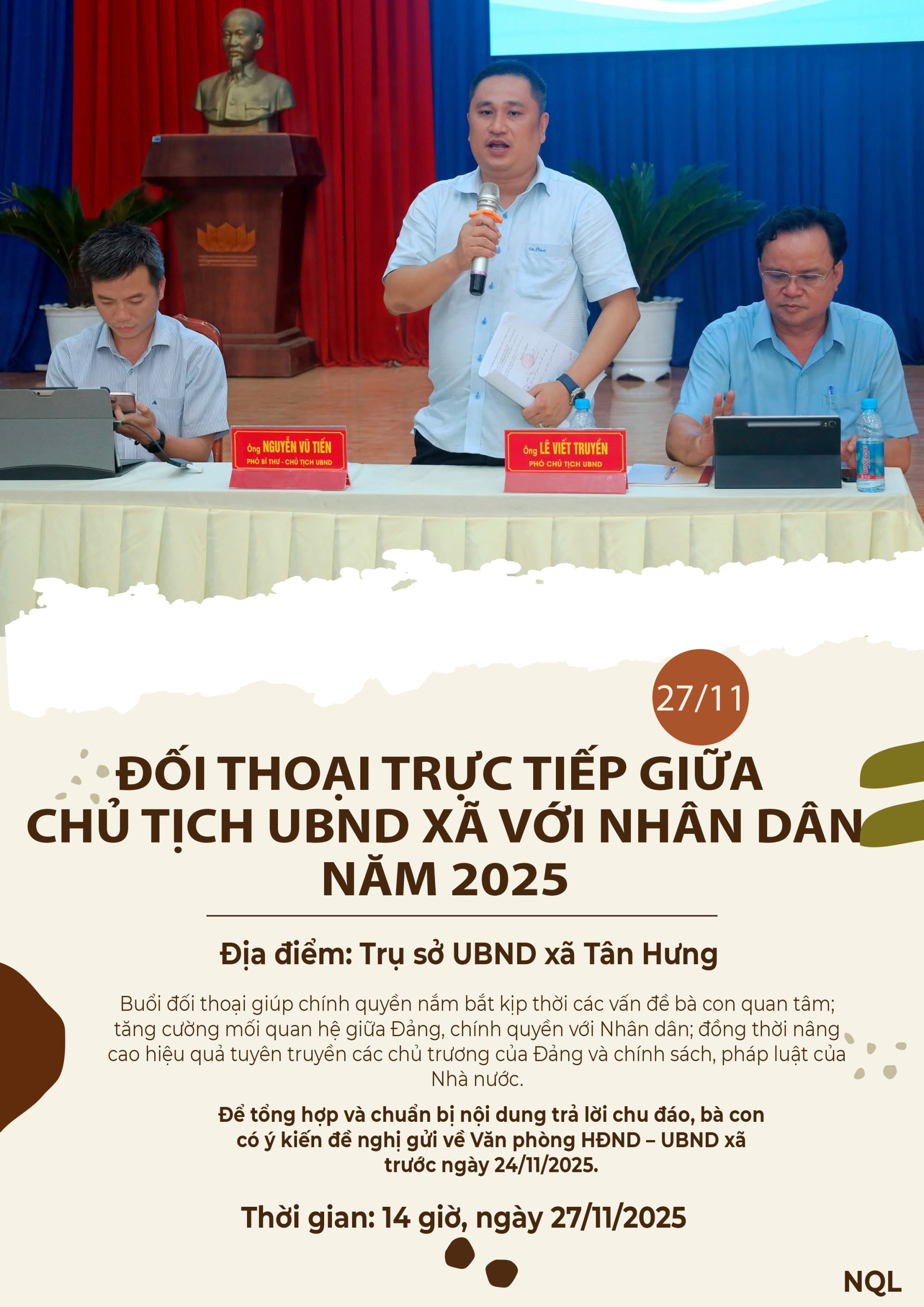 'A person standing at a table with a microphone
Description automatically generated'