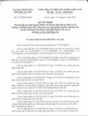 Thu hồi đất của bà Huỳnh Thị Ánh Hồng để thực hiện Dự án