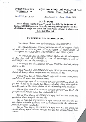 Thu hồi đất của ông Bùi Quang Trọng để thực hiện Dự án