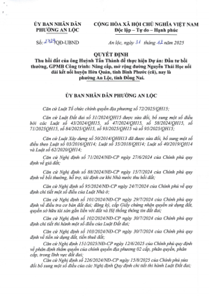 Thu hồi đất của ông Huỳnh Tấn Thành để thực hiện Dự án