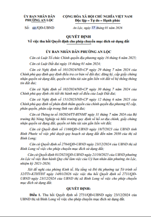 Quyết định thu hồi Quyết định cho phép chuyển mục đích sử dụng đất