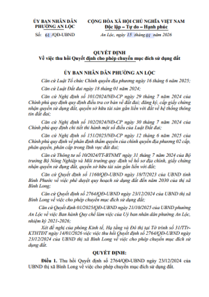 Quyết định thu hồi Quyết định cho phép chuyển mục đích sử dụng đất Phan Đình Thuông