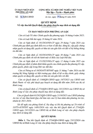 QĐ thu hồi Quyết định cho phép chuyển mục đích sử dụng đất