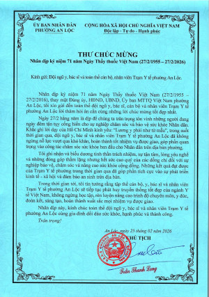 UBND PHƯỜNG AN LỘC GỬI THƯ CHÚC MỪNG NHÂN NGÀY THẦY THUỐC VIỆT NAM 27/2