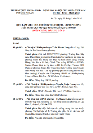 LỊCH LÀM VIỆC CỦA THƯỜNG TRỰC HĐND - UBND PHƯỜNG Tuần 20 năm 2026 (Từ ngày 11/5/2026 đến ngày 17/5/2026) (ĐIỀU CHỈNH, BỔ SUNG LẦN 1)