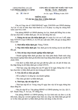Thông báo về việc lựa chọn đơn vị thẩm định giá