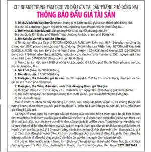 THÔNG BÁO ĐẤU GIÁ TÀI SẢN