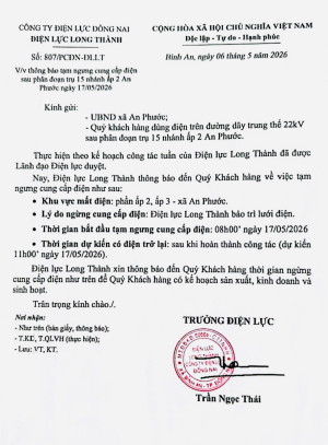 Thông báo - Về việc tạm ngừng cung cấp điện trên địa bàn ấp 2, xã An Phước.