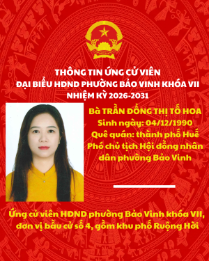 THÔNG TIN ỨNG CỬ VIÊN ĐẠI BIỂU HĐND PHƯỜNG BẢO VINH KHÓA VII NHIỆM KỲ 2026-2031