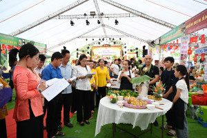 Ban Giám khảo chấm điểm các gian hàng trái cây ngon, nông sản tiêu biểu