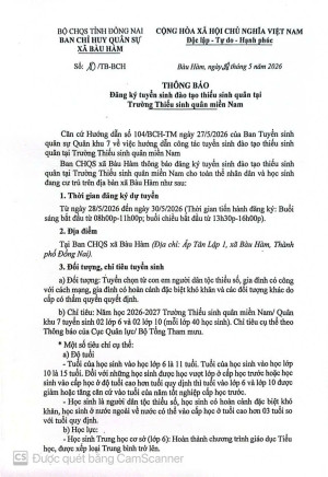 THÔNG BÁO: Đăng ký tuyển sinh đào tạo thiếu sinh quân tại Trường Thiếu sinh quân miền Nam (Năm học 2026-2027)