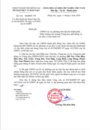 THÔNG BÁO ĐIỀU CHỈNH LỊCH HỌC NGÀY 18/5/2026 CỦA SỞ GIÁO DỤC VÀ ĐÀO TẠO