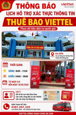 THÔNG BÁO: LỊCH HỖ TRỢ XÁC THỰC THÔNG TIN THUÊ BAO VIETTEL TẠI XÃ BÀU HÀM