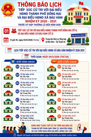 THÔNG BÁO: LỊCH TIẾP XÚC CỬ TRI CỦA ĐẠI BIỂU HĐND THÀNH PHỐ ĐỒNG NAI VÀ ĐẠI BIỂU HĐND XÃ BÀU HÀM TRƯỚC KỲ HỌP THƯỜNG LỆ GIỮA NĂM 2026