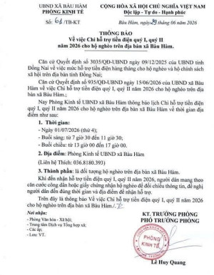 THÔNG BÁO: Về việc Chi trả tiền điện hỗ trợ quý I và quý II năm 2026 cho các hộ nghèo trên địa bàn xã Bàu Hàm