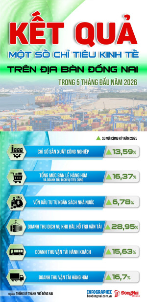 Các chỉ tiêu kinh tế tại Đồng Nai trong 5 tháng đầu năm 2026 đạt kết quả ra sao?
