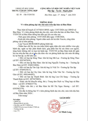 THÔNG BÁO: Triển khai chiến dịch tiêm phòng bệnh dại cho chó, mèo trên địa bàn xã Bàu Hàm năm 2026