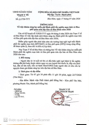 THÔNG BÁO: CHƯƠNG TRÌNH KHÁM SÀNG LỌC MIỄN PHÍ BỆNH PHỔI TẮC...