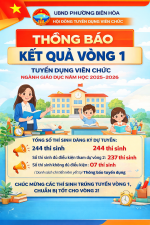 PHƯỜNG BIÊN HÒA THÔNG BÁO KẾT QUẢ VÒNG 1 VÀ KẾ HOẠCH TỔ CHỨC VÒNG 2 TUYỂN DỤNG VIÊN CHỨC NĂM HỌC 2025–2026