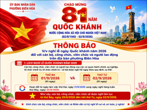PHƯỜNG BIÊN HÒA THÔNG BÁO LỊCH NGHỈ LỄ QUỐC KHÁNH NĂM 2026