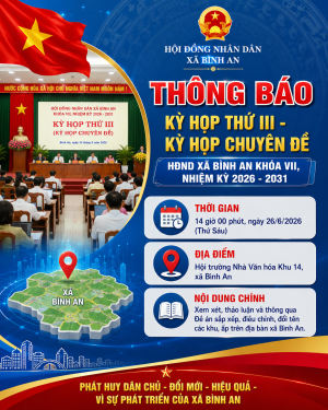 Thông báo kỳ họp thứ ba - HĐND xã Bình An  khoá VII, nhiệm kỳ 2026-2031