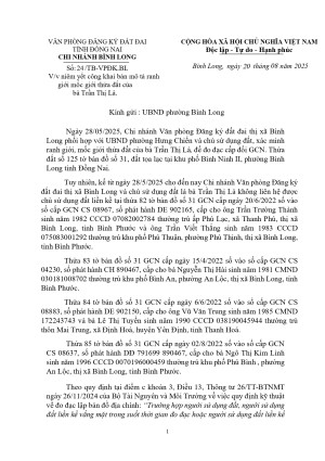 Thông báo: V/v niêm yết công khai bản mô tả ranh giới mốc giới thửa đất của bà Trần Thị Là