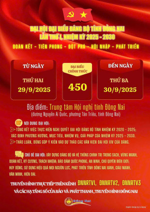 NHIỆT LIỆT CHÀO MỪNG ĐẠI HỘI ĐẠI BIỂU ĐẢNG BỘ TỈNH ĐỒNG NAI LẦN THỨ I, NHIỆM KỲ 2025 – 2030 – NGÀY HỘI LỚN CỦA NIỀM TIN VÀ KHÁT VỌNG! (DIỄN RA VÀO NGÀY 29/9 – 30/9/2025)