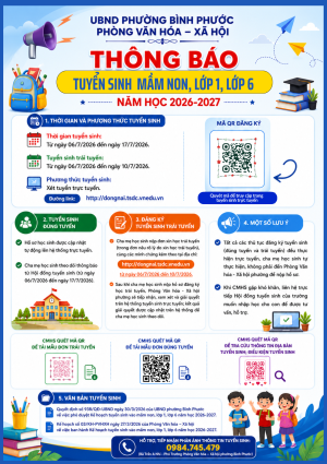 Thông báo về việc tuyển sinh trẻ mầm non, học sinh lớp 1 và lớp 6 năm học 2026 - 2027