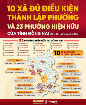 Tỉnh Đồng Nai có 95 đơn vị hành chính cấp xã trực thuộc, gồm 23 phường và 72 xã. Trong đó, 10 xã đủ điều kiện lên phường.