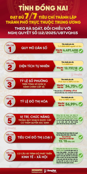 ĐỒNG NAI ĐÃ ĐẠT 7 TIÊU CHÍ CỦA THÀNH PHỐ TRỰC THUỘC TRUNG ƯƠNG