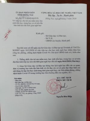 Tiếp tục cho trẻ em mầm non, học sinh tiểu học, trung học cơ sở trên địa bàn tỉnh kéo dài thời gian nghỉ học đến hết ngày 04 tháng 4 năm 2020.