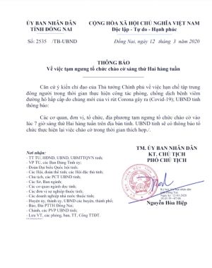 Tạm ngưng tổ chức chào cờ vào sang thứ Hai