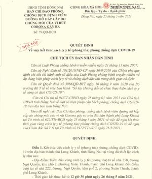 Kết thúc phong tỏa khu vực phòng, chống dịch ở TP.Long Khánh