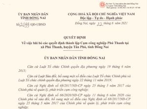 Bãi bỏ các quyết định thành lập Cụm công nghiệp Phú Thanh, huyện Tân Phú