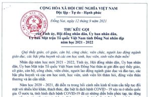Thư kêu gọi năm học mới 2021-2022 của Tỉnh ủy, HĐND, UBND, Ủy ban MTTQ Việt Nam tỉnh Đồng Nai