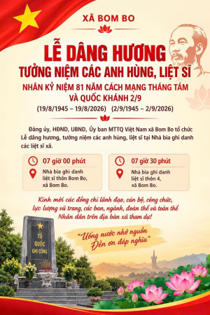 Xã Bom Bo tổ chức Lễ dâng hương tưởng niệm các anh hùng, liệt sĩ nhân kỷ niệm 81 năm Cách mạng Tháng Tám và Quốc khánh 2/9
