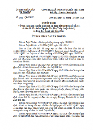 Quyết định về việc cho phép chuyển mục đích sử dụng đất tại thửa đất số 355, tờ bản đồ 37 của bà Nguyễn Thị Thu Thủy thuộc thôn 5, xã Bom Bo, thành phố Đồng Nai.