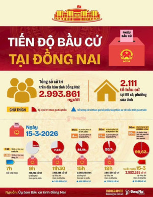 Ngày hội non sông:  Toản tỉnh Đồng Nai có 2.982.535 cử tri đi bầu cử, đạt 99,62%.