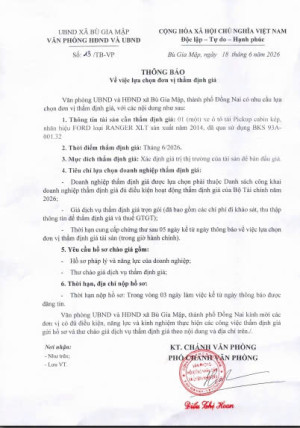 Thông báo lựa chọn đơn vị thẩm định giá