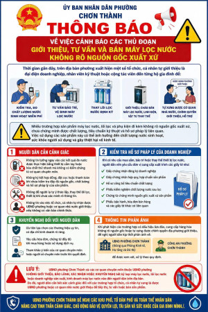 PHƯỜNG CHƠN THÀNH KHUYẾN CÁO NGƯỜI DÂN THẬN TRỌNG KHI TIẾP NHẬN THÔNG TIN, TƯ VẤN VÀ MUA SẮM THIẾT BỊ LỌC NƯỚC