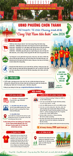 KẾ HOẠCH TỔ CHỨC CHƯƠNG TRÌNH ĐI BỘ “CÙNG VIỆT NAM TIẾN BƯỚC” NĂM 2026 TRÊN ĐỊA BÀN PHƯỜNG CHƠN THÀNH